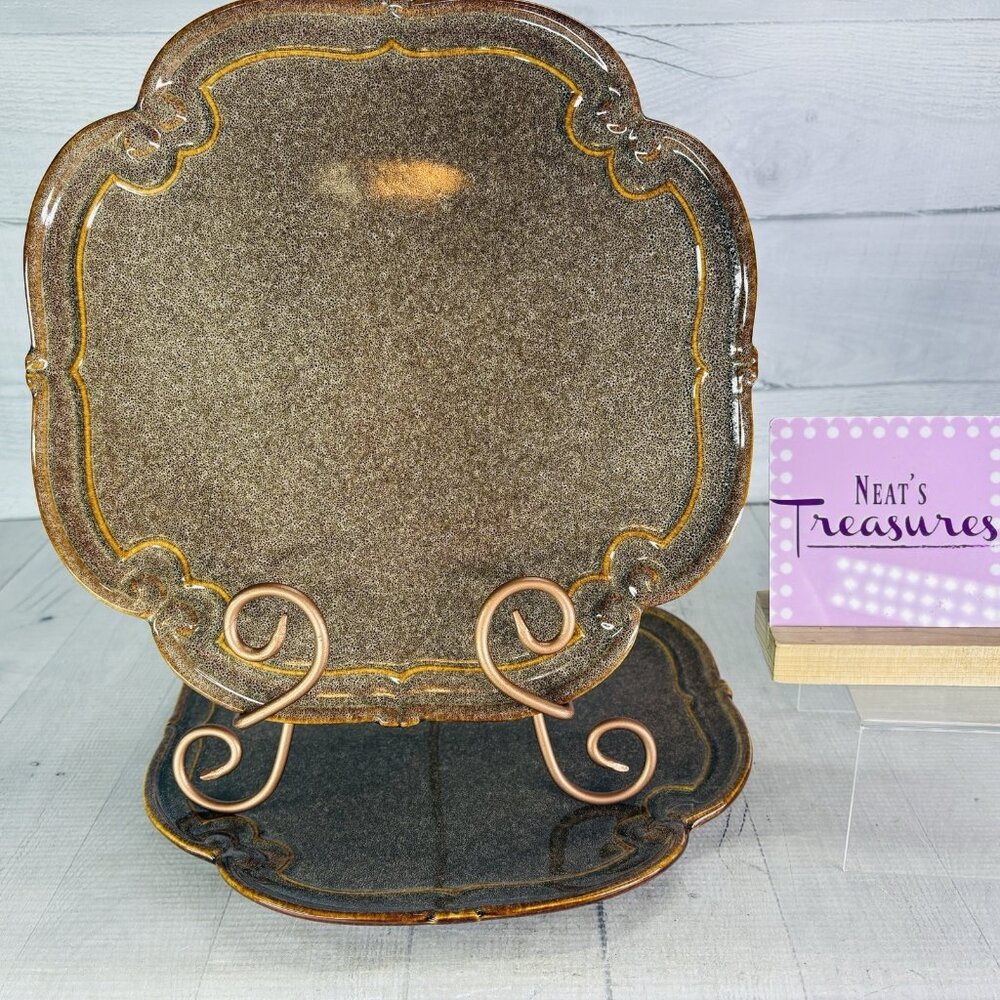 Bombay BMA16 French Farmhouse Brown Sponged Scrolls Ceramic Dinner Plates Set 2